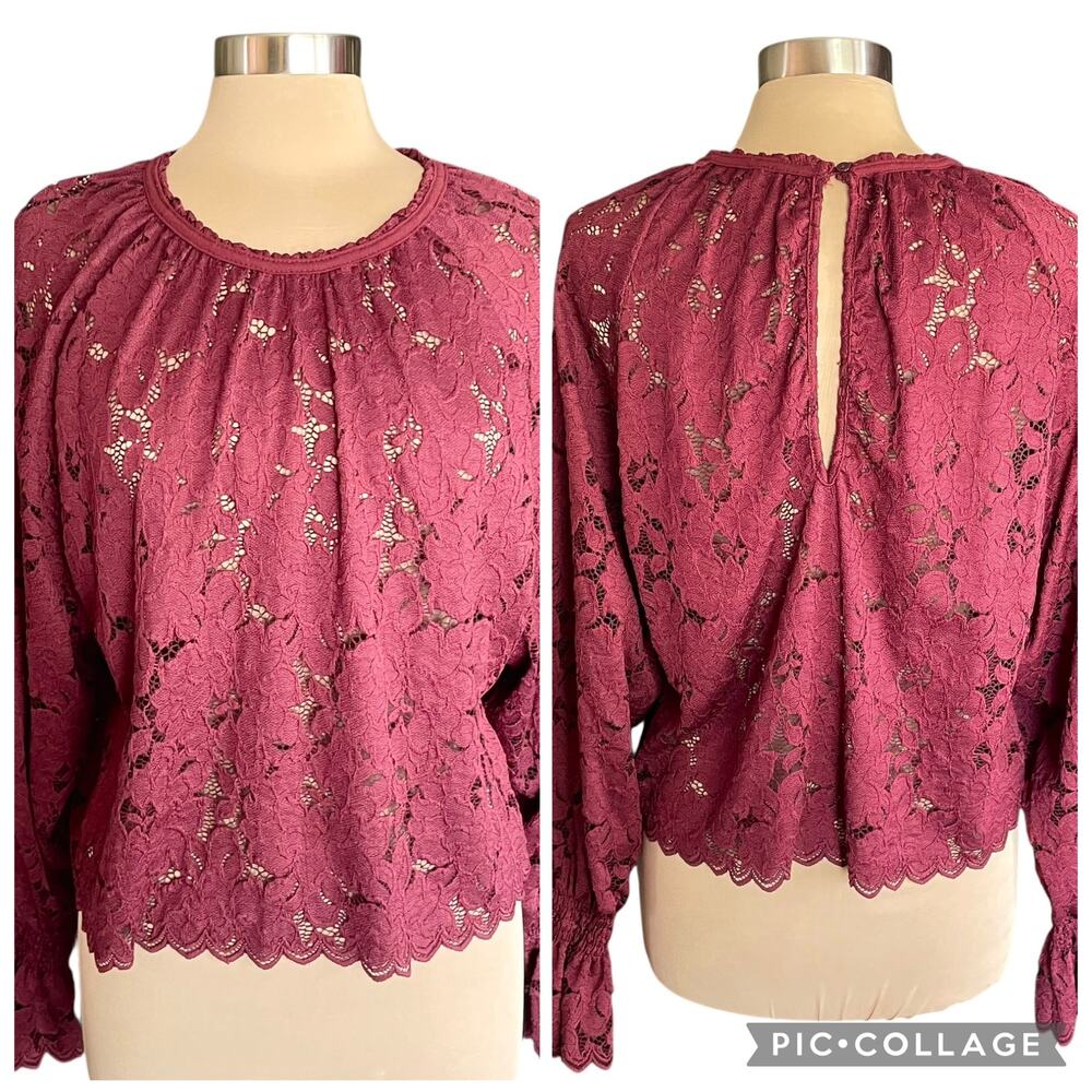 Free People Olivia Wine Lace Blouse SMALL Sheer Long Sleeves Boho Romantic - Picture 2 of 12